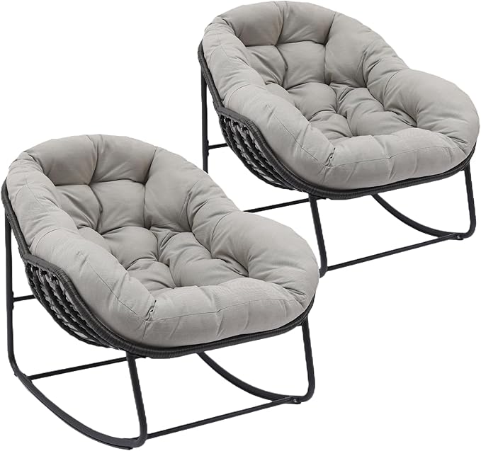 Indoor & Outdoor Rocking Chairs Set of 2, Oversized Rattan Royal Rocking Chair with Padded Cushion, Rocker Egg Chair for Living Room, Patio, Front Porch, Backyard, Grey