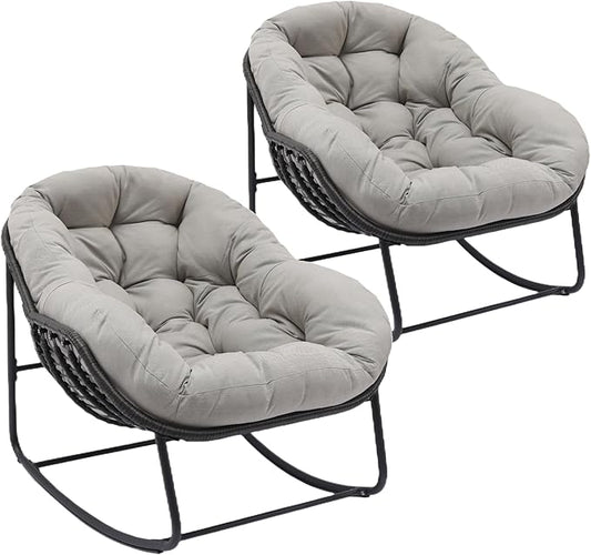 Indoor & Outdoor Rocking Chairs Set of 2, Oversized Rattan Royal Rocking Chair with Padded Cushion, Rocker Egg Chair for Living Room, Patio, Front Porch, Backyard, Grey