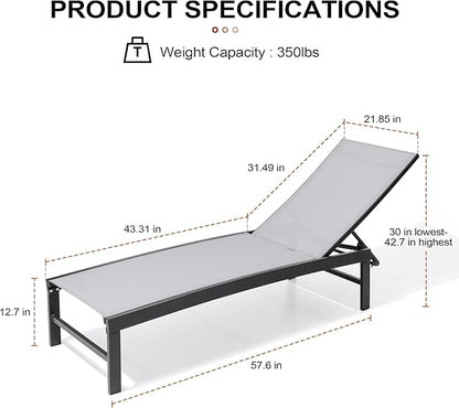 Crestlive Products Chaise Lounge Chair Outdoor Set of 4, Adjustable 5 Positions Pool Lounge Chairs, Metal Tanning Recliner, Outdoor Furniture All Weather for Patio, Beach, Yard, Pool(Light Grey)