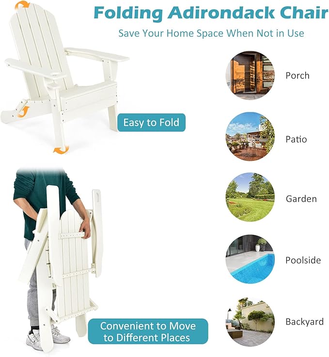 Tangkula Outdoor Folding Adirondack Chair, HDPE Armchairs with Cup Holder, Weather Resistant Lounger Chair for Patio Garden Fire Pit Backyard, Lawn Porch Seating, Adirondack Lounger (4, White)