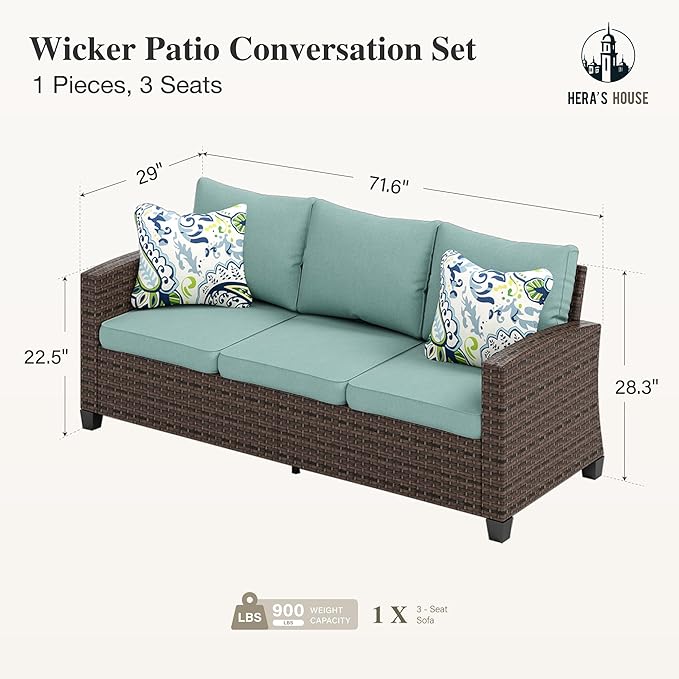 HERA'S HOUSE Outdoor Patio Sofa, 3-Seat Wicker Couch Loveseat, Deep Seating Furniture for Lawn Garden Porch Backyard - Photo 2