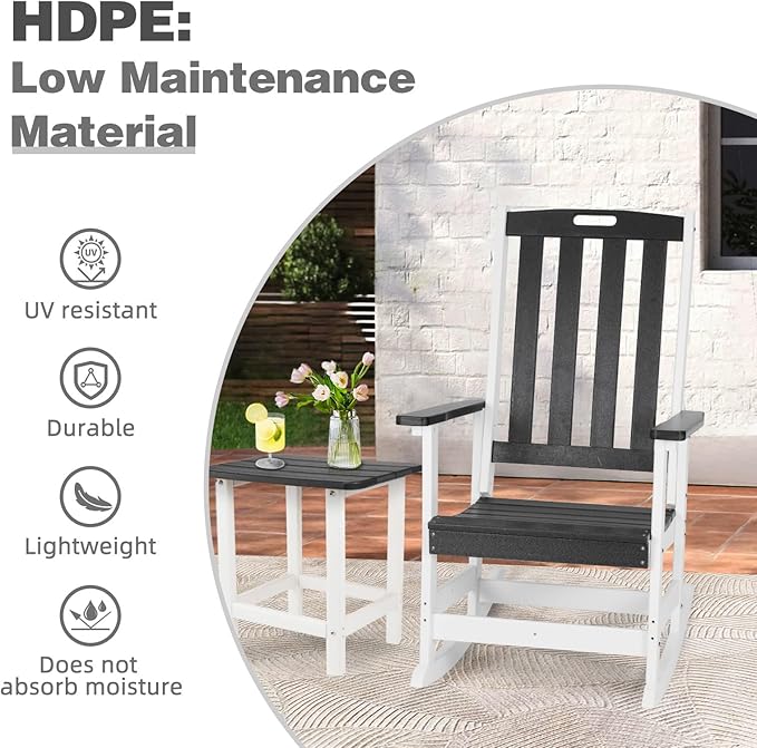 Aoodor Outdoor Rocking Chair, Ergonomic HDPE Rockers with All-Weather Design for Patio or Porch, Clashing Colors, Dark Gray and Whitev,Set of 4