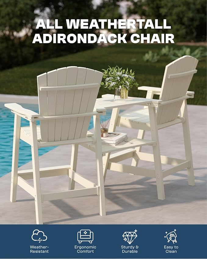 Tall Adirondack Chairs Set of 2, Bar Height HDPE Deck Chairs with Connecting Trays & Umbrella Hole, Weatherproof Patio Bar Stools for Balcony, Garden, White