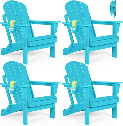 Folding Adirondack Chairs Set of 4- Plastic Adirondack Chairs with Cup Holder, Weather Resistant for Outdoor, Patio, Lawn, Garden, Backyard Deck, Fire Pit - Turquoise