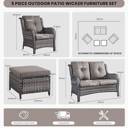 Belord Outdoor Wicker Furniture 5 Pieces Patio Furniture Set Patio Wicker Chairs with Ottomans Conversation Set for Porch Garden Deck Balcony Poolside