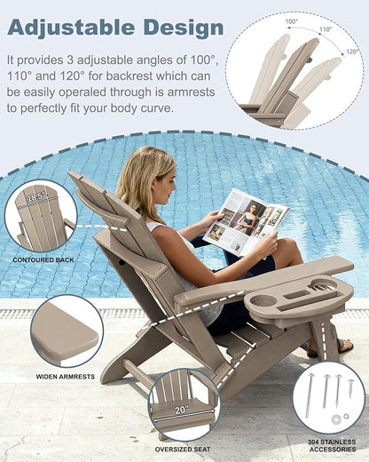 Adjustable Adirondack Chair Set of 4 with Cup Holder, All Weather HDPE Fire Pit Chairs for Deck, Backyard, Patio, Brown
