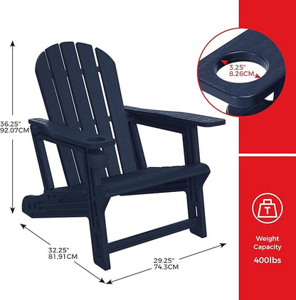 Costaelm Tool-Free Assembly Outdoor Patio HDPE Plastic Adirondack Chair with Cup Holder, Navy Blue