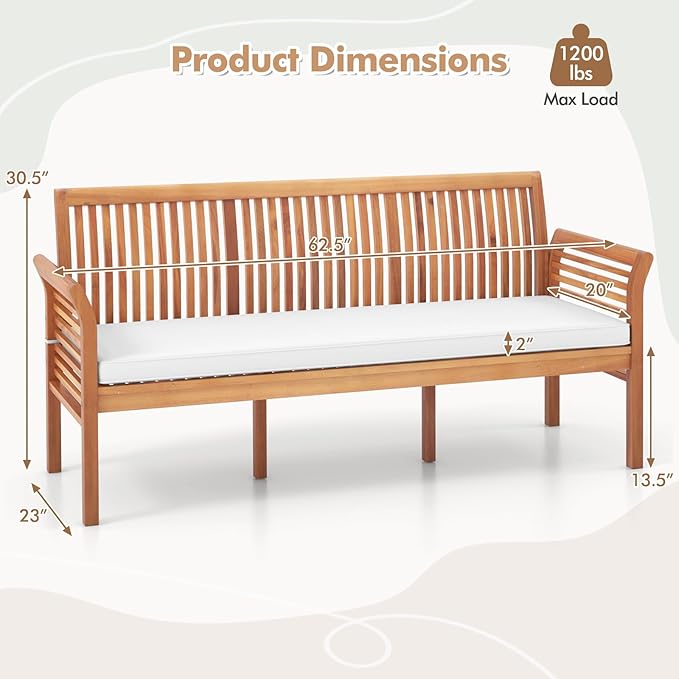 Tangkula 3-Seat Patio Acacia Wood Bench with Cushion, 62.5” Extra Long Outdoor Chair with Dense Slatted Backrest & Armrests, 1200 lbs Weight Capacity, Outside Bench for Yard, Balcony, Porch & Garden
