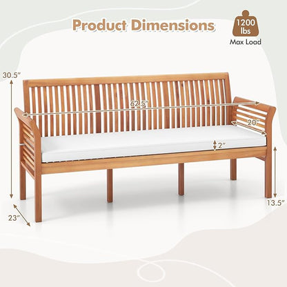 Tangkula 3-Seat Patio Acacia Wood Bench with Cushion, 62.5” Extra Long Outdoor Chair with Dense Slatted Backrest & Armrests, 1200 lbs Weight Capacity, Outside Bench for Yard, Balcony, Porch & Garden