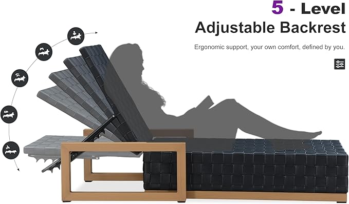 PURPLE LEAF Outdoor Chaise Lounge Set of 2, PU Leather Patio Lounge Chair Aluminum Pool Lounge Chairs with 5-Position Adjustable Backrest for Pool, Deck, Garden, Sunbathing, Black