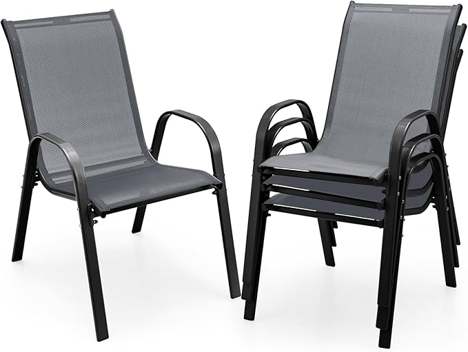 COSTWAY Patio Dining Chairs Set of 4, Stackable Outdoor Chairs with Armrest and High Back, Breathable Fabric & Metal Frame Chair for Garden Poolside Backyard Deck (Grey)