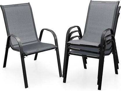 COSTWAY Patio Dining Chairs Set of 4, Stackable Outdoor Chairs with Armrest and High Back, Breathable Fabric & Metal Frame Chair for Garden Poolside Backyard Deck (Grey)
