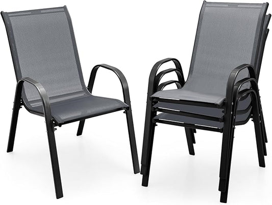 COSTWAY Patio Dining Chairs Set of 4, Stackable Outdoor Chairs with Armrest and High Back, Breathable Fabric & Metal Frame Chair for Garden Poolside Backyard Deck (Grey)