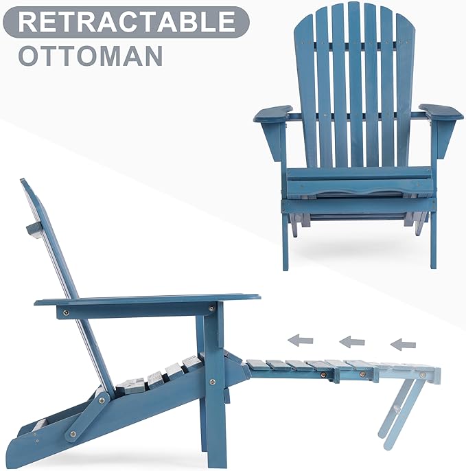 Wooden Folding Adirondack Chair with Ottoman, Pre-Assembled Backrest and Seat Board, Lounge Chair for Outdoor Patio Garden Lawn Backyard Firepit Deck Pool Beach