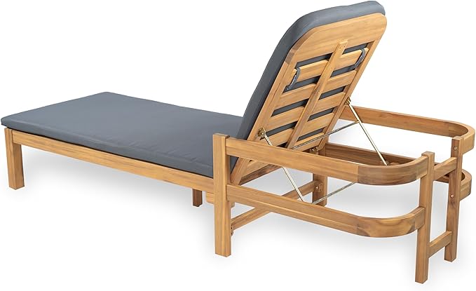 Christopher Knight Home Kayas Acacia Wood Chaise Lounge with Adjustable Backrest, 77.5" Outdoor Sun Lounger with Cushion, Patio Lounger Recliner Chair for Poolside Lawn, Light Teak+Gray, Set of 2