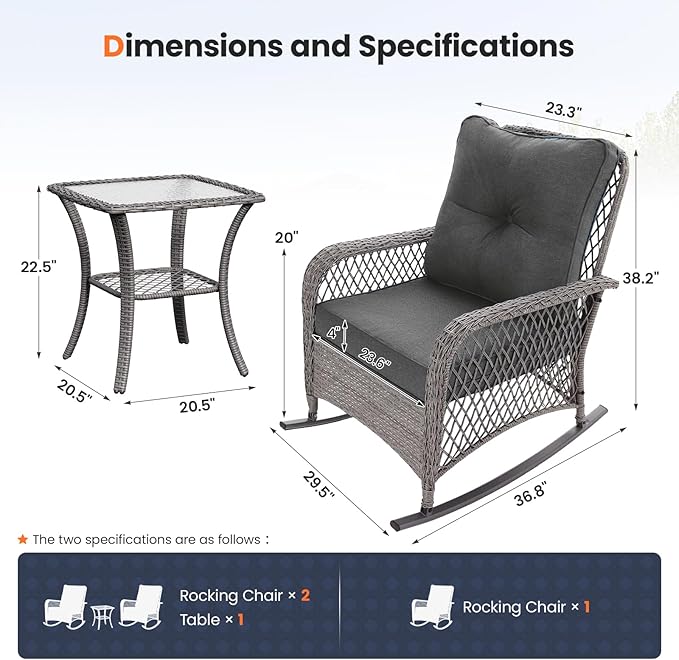 UDPATIO 3 Piece Patio Furniture Set, Wicker Rocking Bistro Set with 2 Rockers, 1 Side Table and 4‘’ Thick Cushions for Backyard, Porch, Balcony, Poolside, Porch, Balcony, Poolside, Grey