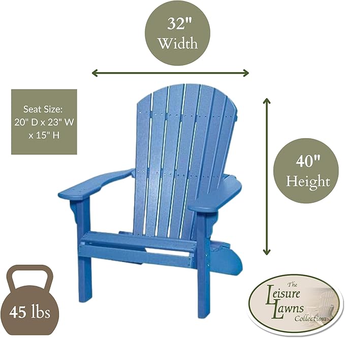 Leisure Lawns Poly Plastic Fanback Adirondack Chair, Outdoor Patio Chair - Amish Made in USA (Blue)