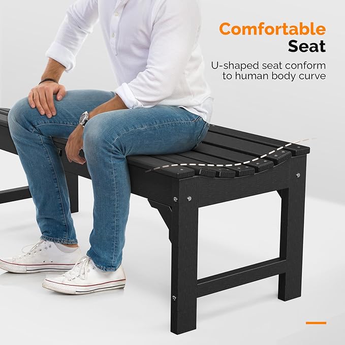 VINGLI Outdoor Bench Garden Bench HDPE Porch Bench, All-Weather Patio Bench, Poly Lumber Oversized Park Bench 800 lbs Weight Capacity (Black)