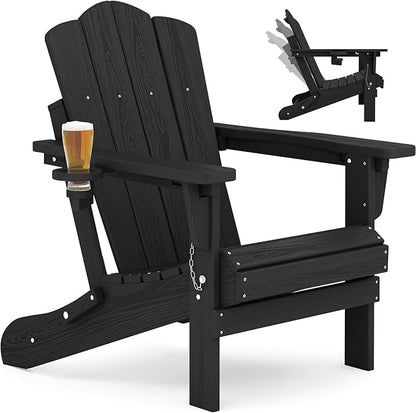 KINGYES Adjustable Folding Adirondack Chair, 3-Position Reclining Adirondack Chairs with Cup Holder, HDPE All-Weather Oversized Adirondack for Outdoor, Patio, Backyard Deck, Fire Pit, Black