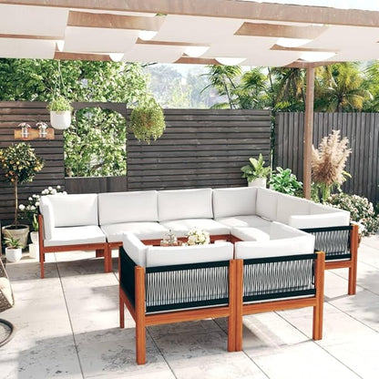 10 Piece Acacia Wood Garden Lounge Set with Weather-Resistant Cushions, Modular Outdoor Patio Furniture for 9 People, Rustic Solid Wood Design for Balcony or Backyard Seating