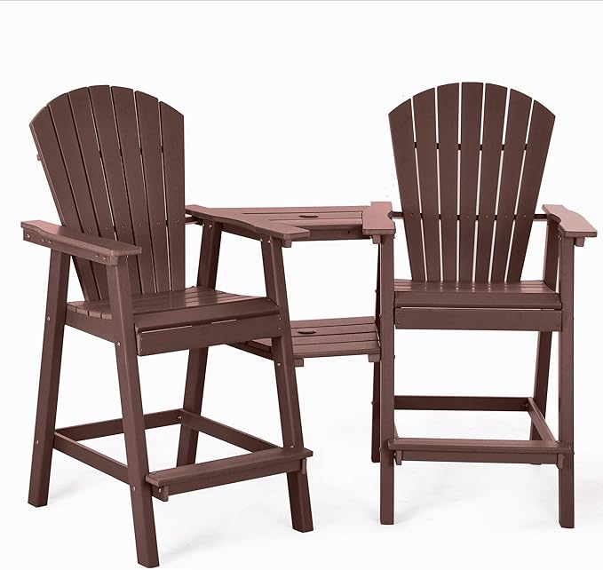 Tall Adirondack Chairs Set of 2, HDPE Balcony Chair with Double Connecting Tray, Weather Resistant Outdoor Adirondack Bar Stools for Patio, Deck, Patio, Backyard, Balcony.(Brown)
