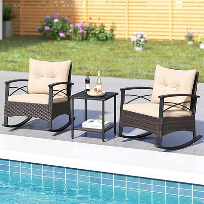 Tangkula 3 Pieces Outdoor Rocking Chairs Set, Rattan Heavy Duty Cushioned Rocker Chairs with 2-Tier Tempered Glass Coffee Table, for Garden, Balcony, Backyard (Beige)
