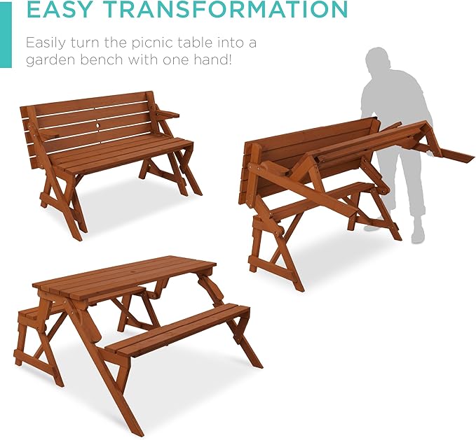 Best Choice Products 2-in-1 Transforming Interchangeable Outdoor Wooden Picnic Table Garden Bench for Backyard, Porch - Photo 2