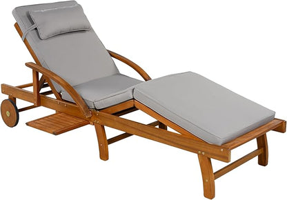LUMISOL Acacia Wood Chaise Lounge Chair Set of 2, Patio Outdoor Chaise Lounge with Cushions, Adjustable Backrest, Leg Rest, Headrest, Retractable Side Tray for Patio, Pool, Garden, Grey