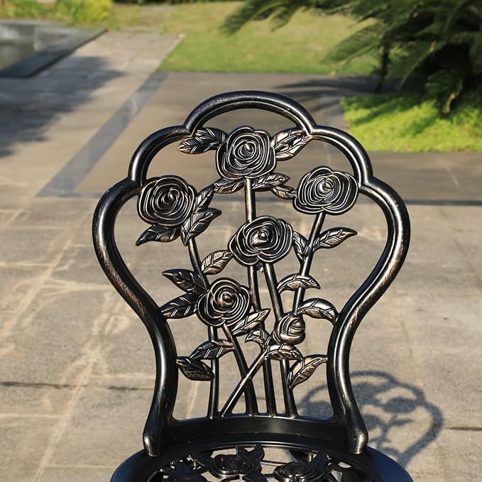 KAILI Rose Garden Cast Aluminum Bistro Chairs, Decorative Outdoor Patio Seating, Set of 2, White and Black (Rose Chair Bronze)