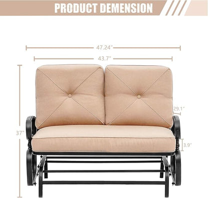 Patio Bench, Porch Glider Outdoor Swing Glider Rocking Loveseat, Steel Frame Chair with Thick Cushion (Brown)