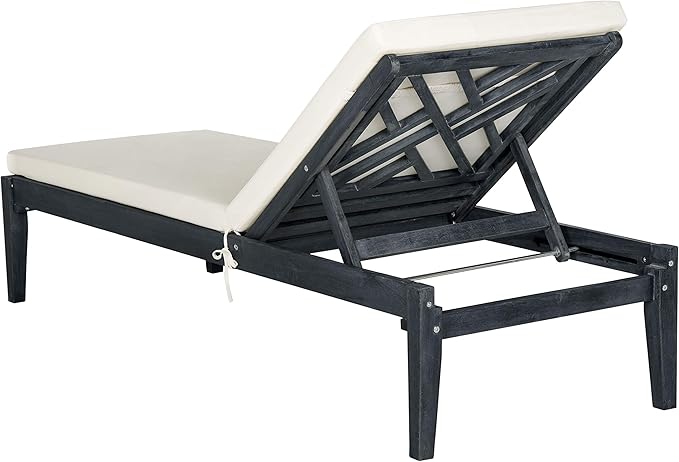 SAFAVIEH Outdoor Collection Azusa Dark Slate Grey Solid Wood/Beige Cushion Adjustable Chaise Lounge Chair (PAT6729K)