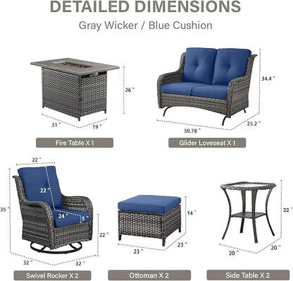 Belord Patio Furniture Set with Fire Pit Table,8 Piece Wicker Outdoor Furniture Set, Swivel Rocker Chairs with Ottomans and Loveseat, All Weather Patio Conversation Set, for Pool,Yard Gray Wicker/Blue