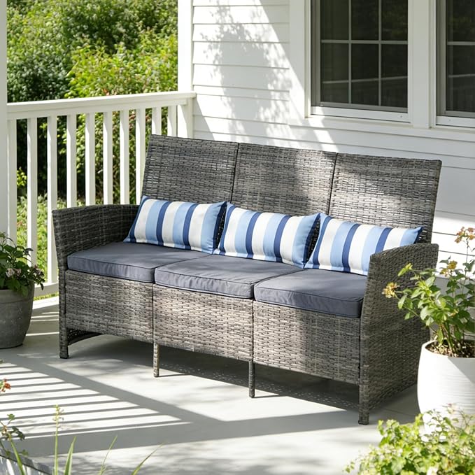 SUNSITT Outdoor Furniture 3 Seats Patio Couch, Outdoor Wicker Sofa, Grey PE Wicker with Grey Cushions & Lumbar Pillows - Photo 1