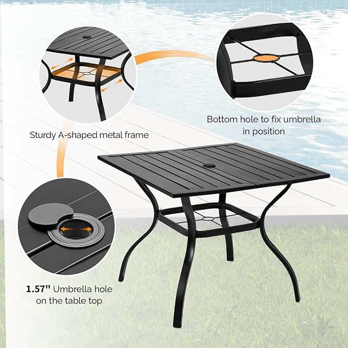 VINGLI 36" Square Patio Table for 4, Metal Outdoor Dining Table with Umbrella Hole - Photo 5