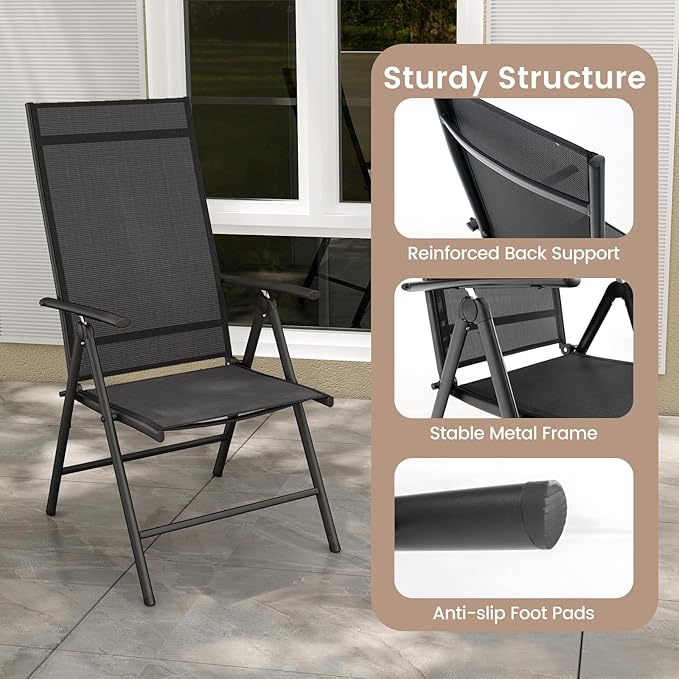 Giantex 2 Pack Folding Patio Chairs, High Back Outdoor Chairs with 7-Level Adjustable High Backrest, Portable Reclining Chairs for Lawn Porch Garden Poolside Camping, No Assembly, Black