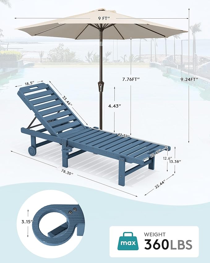 SERWALL Outdoor Chaise Lounge Set of 2 with 9FT Umbrella, HDPE Pool Lounge Chair with 5-Position Adjustable Backrest - Photo 2