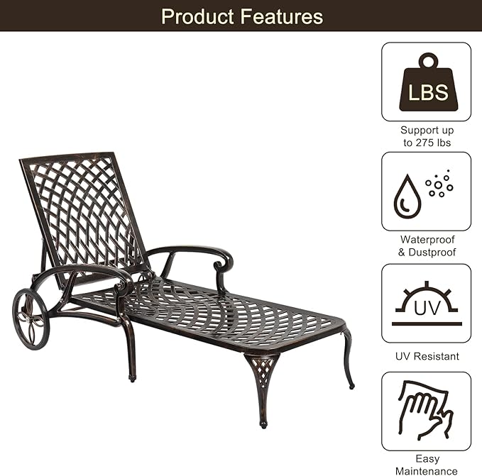 VINGLI Cast Aluminum Outdoor Chaise Lounge Chair with Wheels, Patio Chaise Lounge with 3-Position Adjustable Backrest - Photo 5