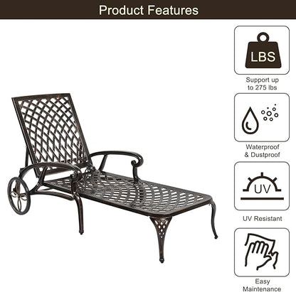 VINGLI Cast Aluminum Outdoor Chaise Lounge Chair with Wheels, Patio Chaise Lounge with 3-Position Adjustable Backrest, Tanning Chair Reclining Chair for Poolside (Bronze, Without Cushion)
