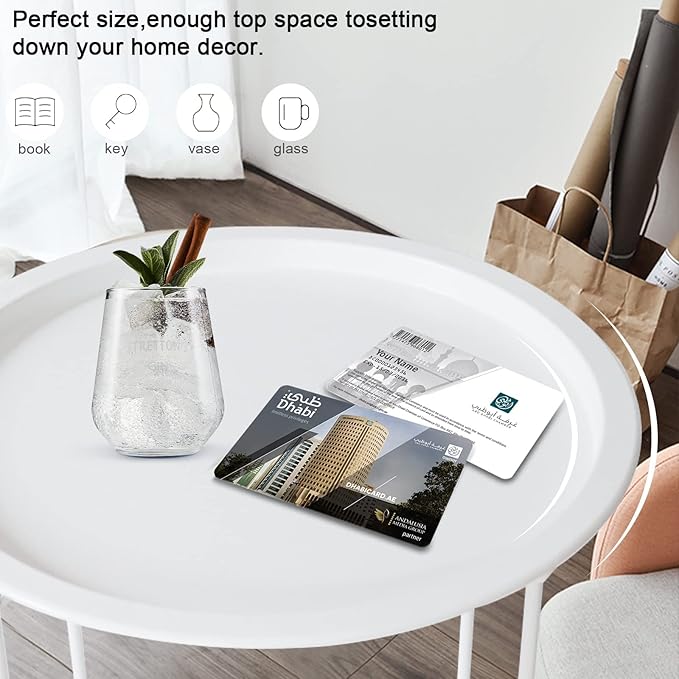 Garden 4 you End Table Metal Side Table White Round Folding Tray Cyan Sofa Small Accent Fold-able Table, Round End Table Tray, Next to Sofa Table, Snack Table for Living Room and Bed Room