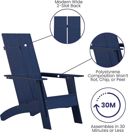 Flash Furniture Sawyer Modern Commercial 2-Slat Back Adirondack Chair - Navy Blue Commercial All-Weather Poly Resin Lounge Chair