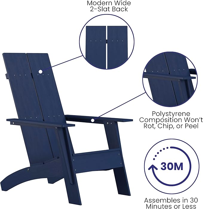 EMMA + OLIVER Navy Modern Dual Slat Back Indoor/Outdoor Adirondack Style Patio Chair