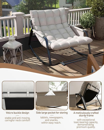 Oversized Indoor Rocking Chair, Plush Papasan Chair with Comfy Padded Cushions & Side Pocket, for Patio Garden, Porch, Lounge, Outdoor, Beige
