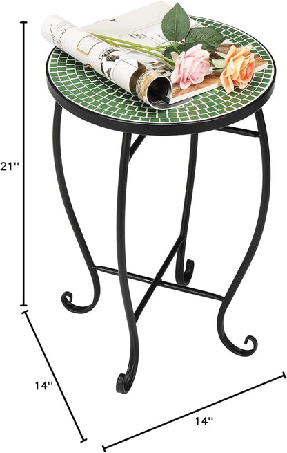 VINGLI Mosaic Print Accent Table, 14" Round Side Table,End Table, Plant Stand Decor for Patio Porch Balcony Back Deck Pool Indoor Outdoor Coffee, Metal Cobalt Glass Top Black Iron(Green Garden)