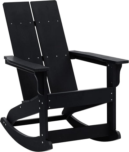 Flash Furniture Set of 2 Finn Modern Commercial Grade Adirondack Rocking Chairs - All-Weather Black Poly Resin Wood - Matching Side Table