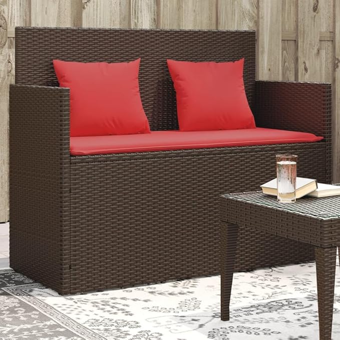 vidaXL Garden Bench with Cushions Brown UV Resistant Poly Rattan Outdoor Seating 2 Person Storage Compartment Modern - Photo 4