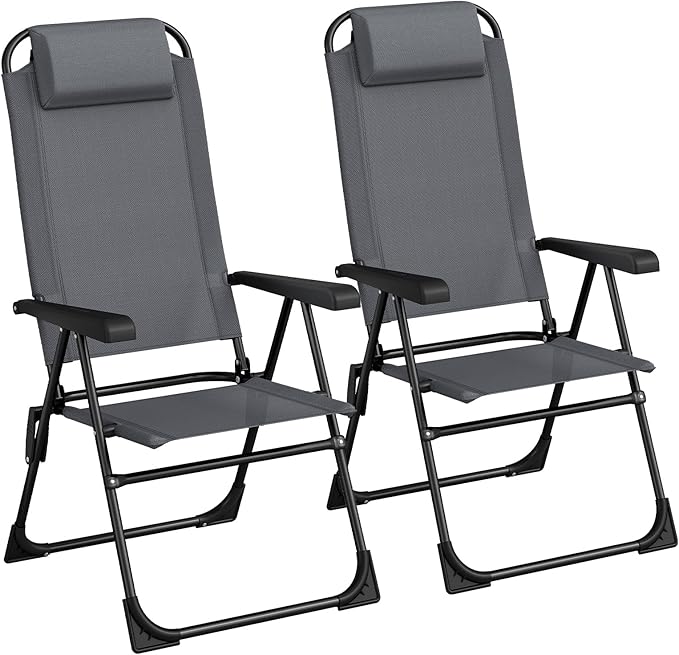 TLSUNNY Folding Patio Chairs Set of 2, Outdoor Lawn Chair w/ 5 Level Adjustable Teslin Back, Removable Headrest, Ergonomic Armrest, Foot Pad, All Weather for Camping, Garden, Pool, 300Lbs (2, Grey)