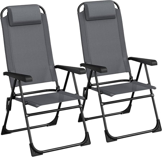TLSUNNY Folding Patio Chairs Set of 2, Outdoor Lawn Chair w/ 5 Level Adjustable Teslin Back, Removable Headrest, Ergonomic Armrest, Foot Pad, All Weather for Camping, Garden, Pool, 300Lbs (2, Grey)
