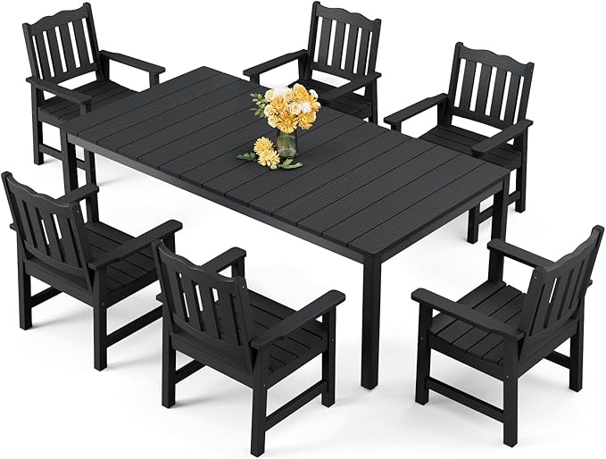 Stoog 7 Pieces Patio Dining Sets, All-Weather HIPS & Aluminum Outdoor Dining Table with Umbrella Hole, Patio Furniture Set Include 1 Table and 6 Chairs, for Backyard, Garden and Deck, Black