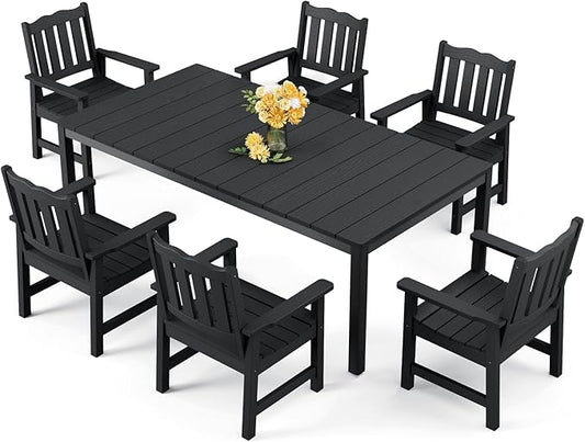 Stoog 7 Pieces Patio Dining Sets, All-Weather HIPS & Aluminum Outdoor Dining Table with Umbrella Hole, Patio Furniture Set Include 1 Table and 6 Chairs, for Backyard, Garden and Deck, Black