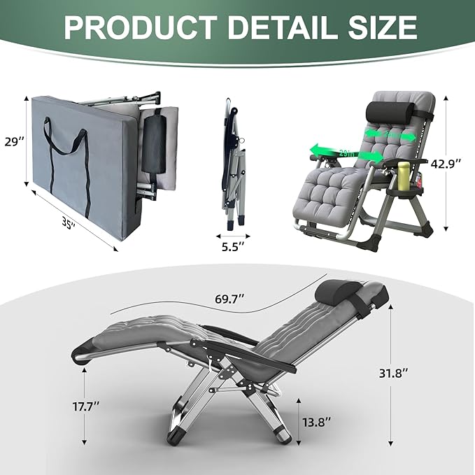 XL Zero Gravity Lounge Chair 29", Oversized Padded Folding Recliner for Patio with Storage Bag, Removable Cushion - Photo 2